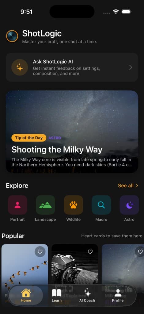 ShotLogic home screen with Snap and Ask and quick prompts